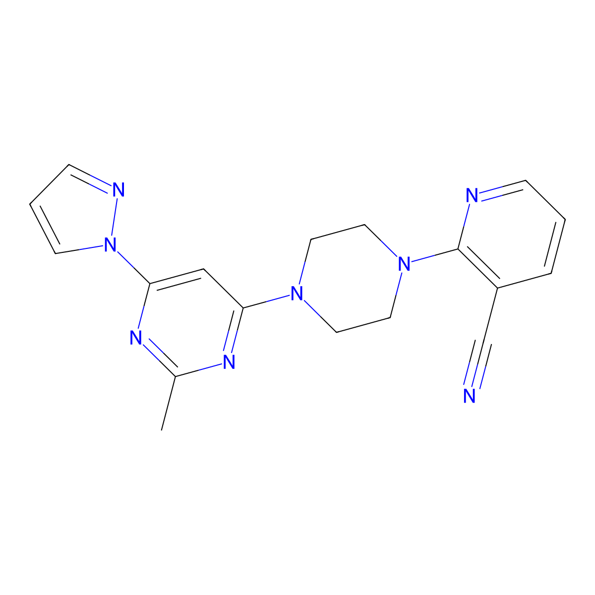 2-{4-[2-methyl-6-(1H-pyrazol-1-yl)pyrimidin-4-yl]piperazin-1-yl}pyridine-3-carbonitrile molecular structure, CAS 2415542-02-6