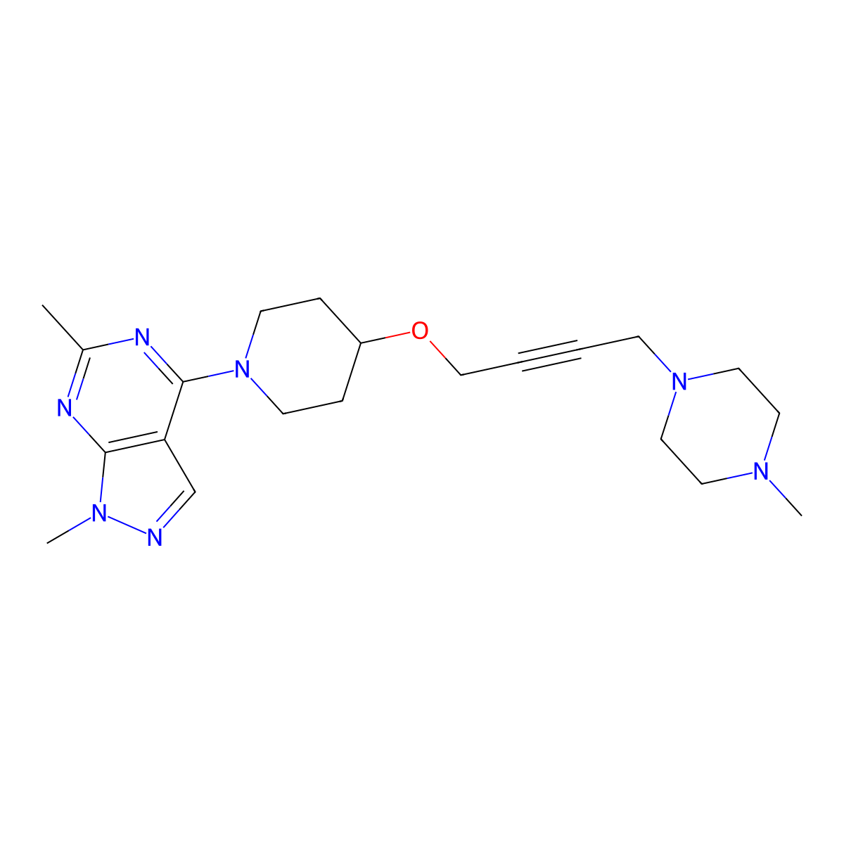 1-{4-[(1-{1,6-dimethyl-1H-pyrazolo[3,4-d]pyrimidin-4-yl}piperidin-4-yl)oxy]but-2-yn-1-yl}-4-methylpiperazine molecular structure, CAS 2415542-04-8