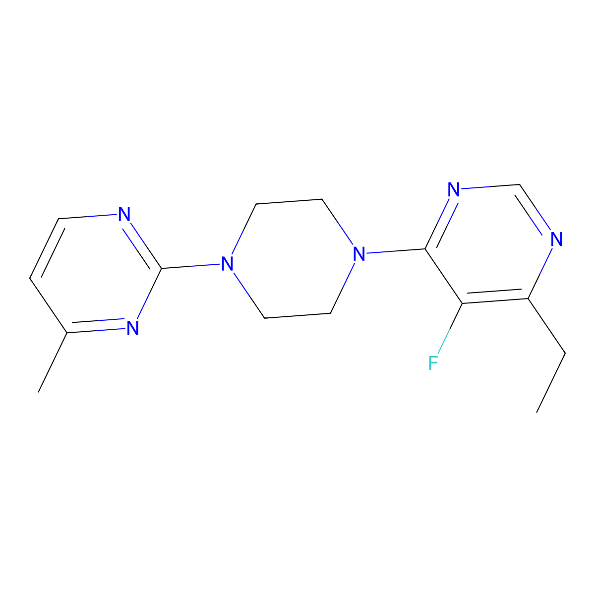 4-Ethyl-5-fluoro-6-[4-(4-methylpyrimidin-2-yl)piperazin-1-yl]pyrimidine molecular structure, CAS 2415542-05-9