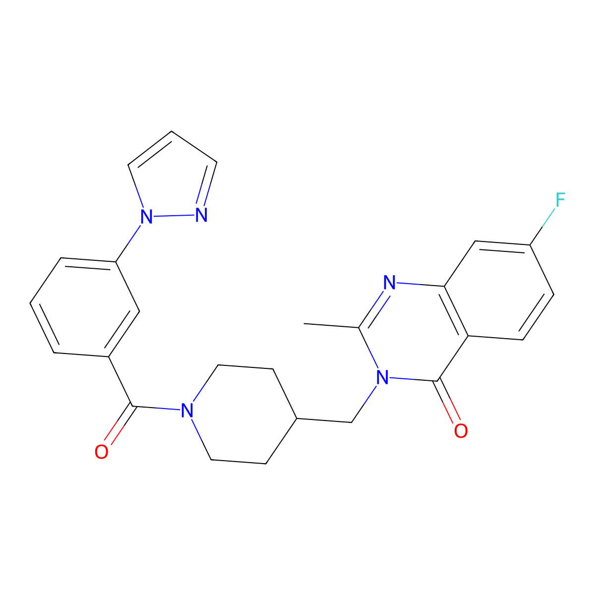 7-fluoro-2-methyl-3-({1-[3-(1H-pyrazol-1-yl)benzoyl]piperidin-4-yl}methyl)-3,4-dihydroquinazolin-4-one molecular structure, CAS 2415542-15-1