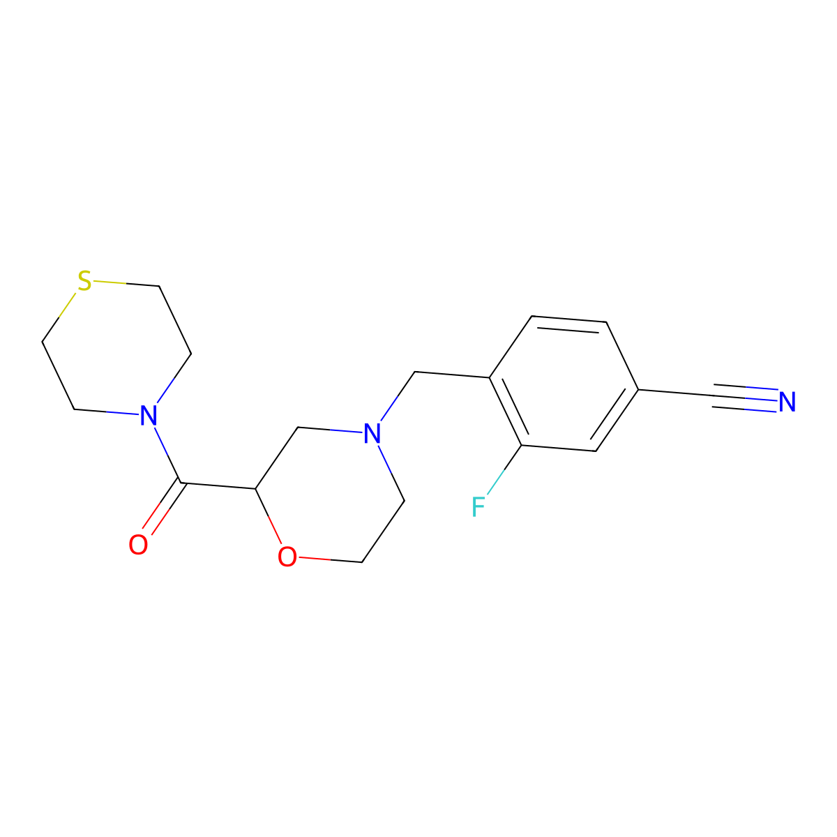 3-Fluoro-4-{[2-(thiomorpholine-4-carbonyl)morpholin-4-yl]methyl}benzonitrile molecular structure, CAS 2415542-16-2