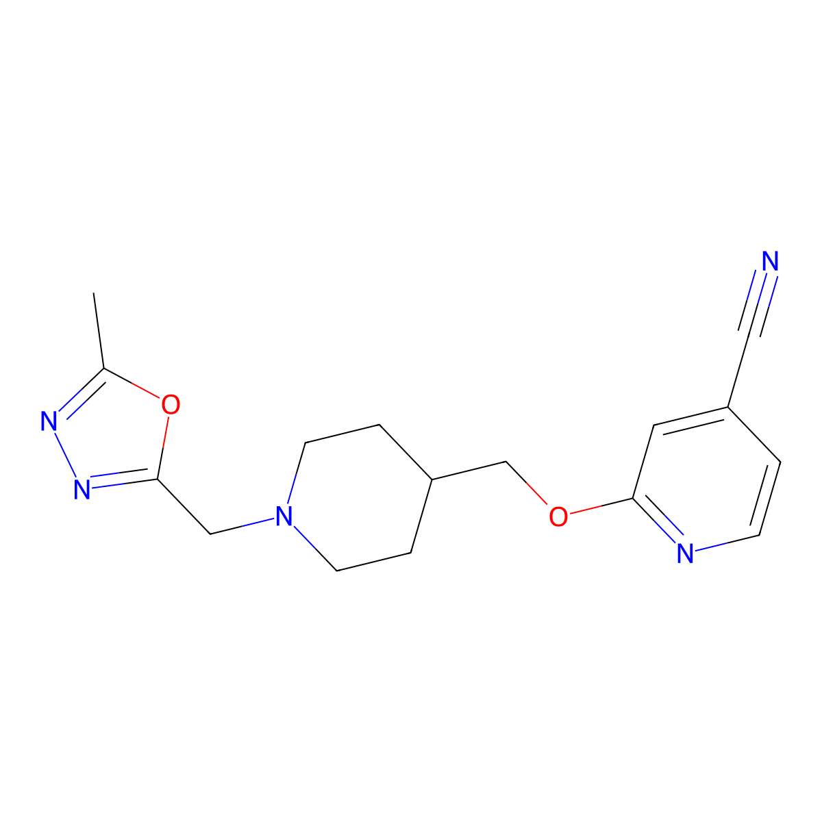 2-({1-[(5-Methyl-1,3,4-oxadiazol-2-yl)methyl]piperidin-4-yl}methoxy)pyridine-4-carbonitrile molecular structure, CAS 2415542-20-8