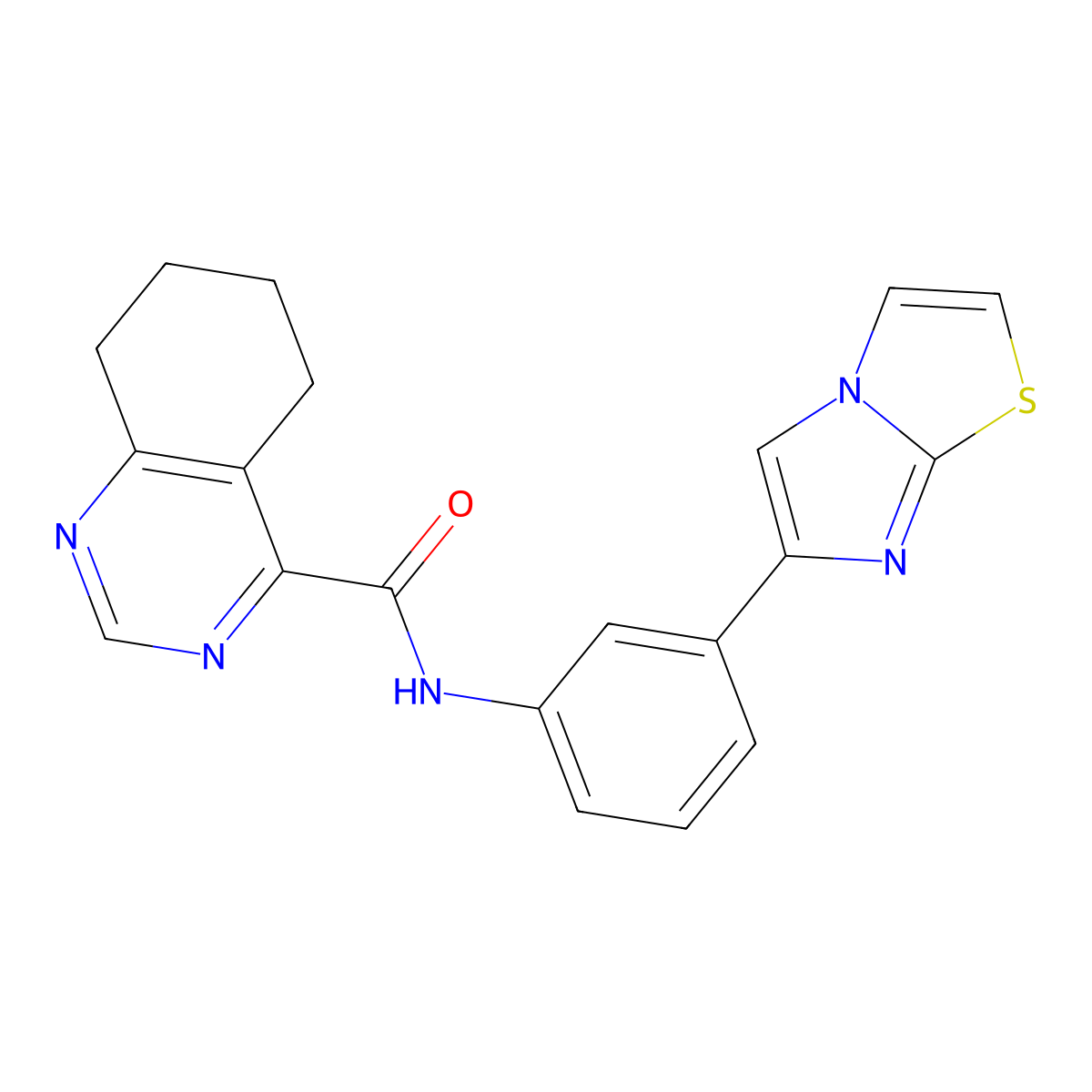N-(3-{imidazo[2,1-b][1,3]thiazol-6-yl}phenyl)-5,6,7,8-tetrahydroquinazoline-4-carboxamide molecular structure, CAS 2415542-21-9