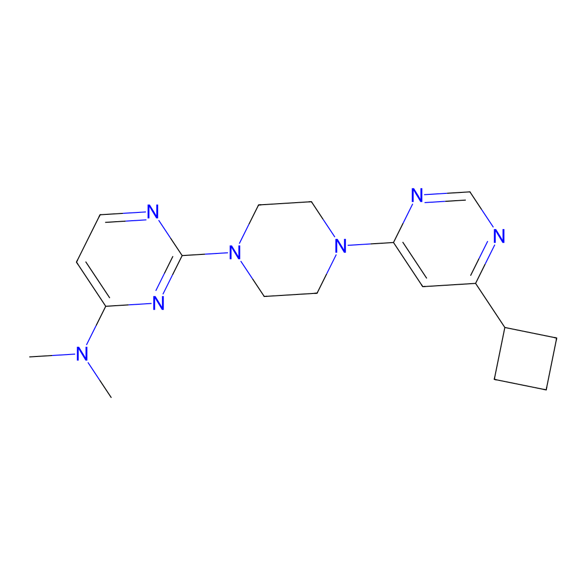 2-[4-(6-cyclobutylpyrimidin-4-yl)piperazin-1-yl]-N,N-dimethylpyrimidin-4-amine molecular structure, CAS 2415542-26-4