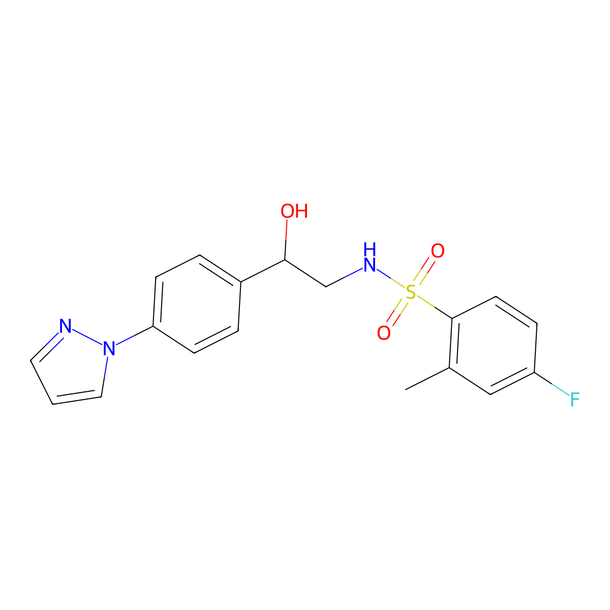 4-fluoro-N-{2-hydroxy-2-[4-(1H-pyrazol-1-yl)phenyl]ethyl}-2-methylbenzene-1-sulfonamide molecular structure, CAS 2415542-32-2