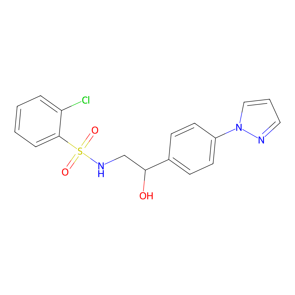 2-chloro-N-{2-hydroxy-2-[4-(1H-pyrazol-1-yl)phenyl]ethyl}benzene-1-sulfonamide molecular structure, CAS 2415542-39-9