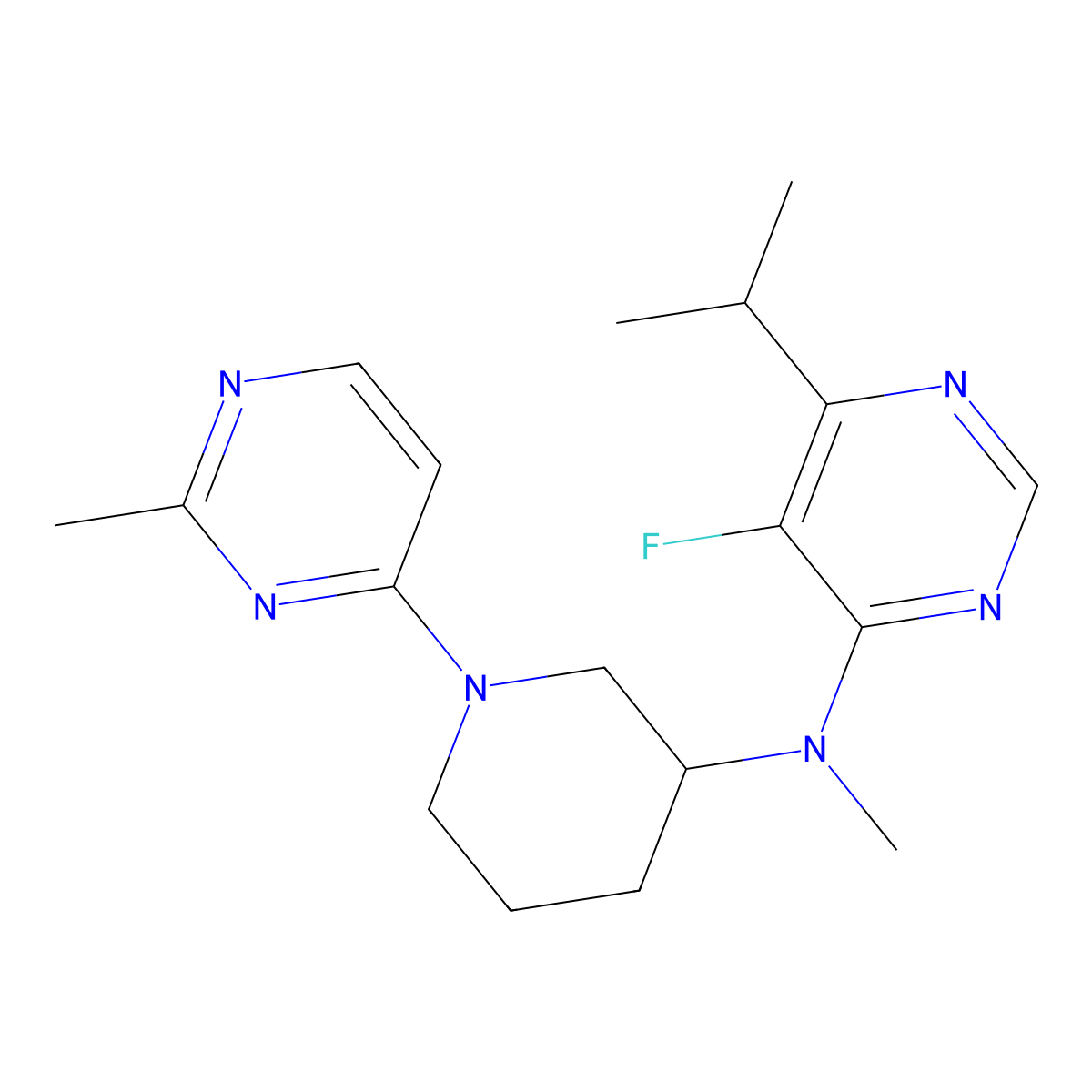 5-fluoro-N-methyl-N-[1-(2-methylpyrimidin-4-yl)piperidin-3-yl]-6-(propan-2-yl)pyrimidin-4-amine molecular structure, CAS 2415542-58-2