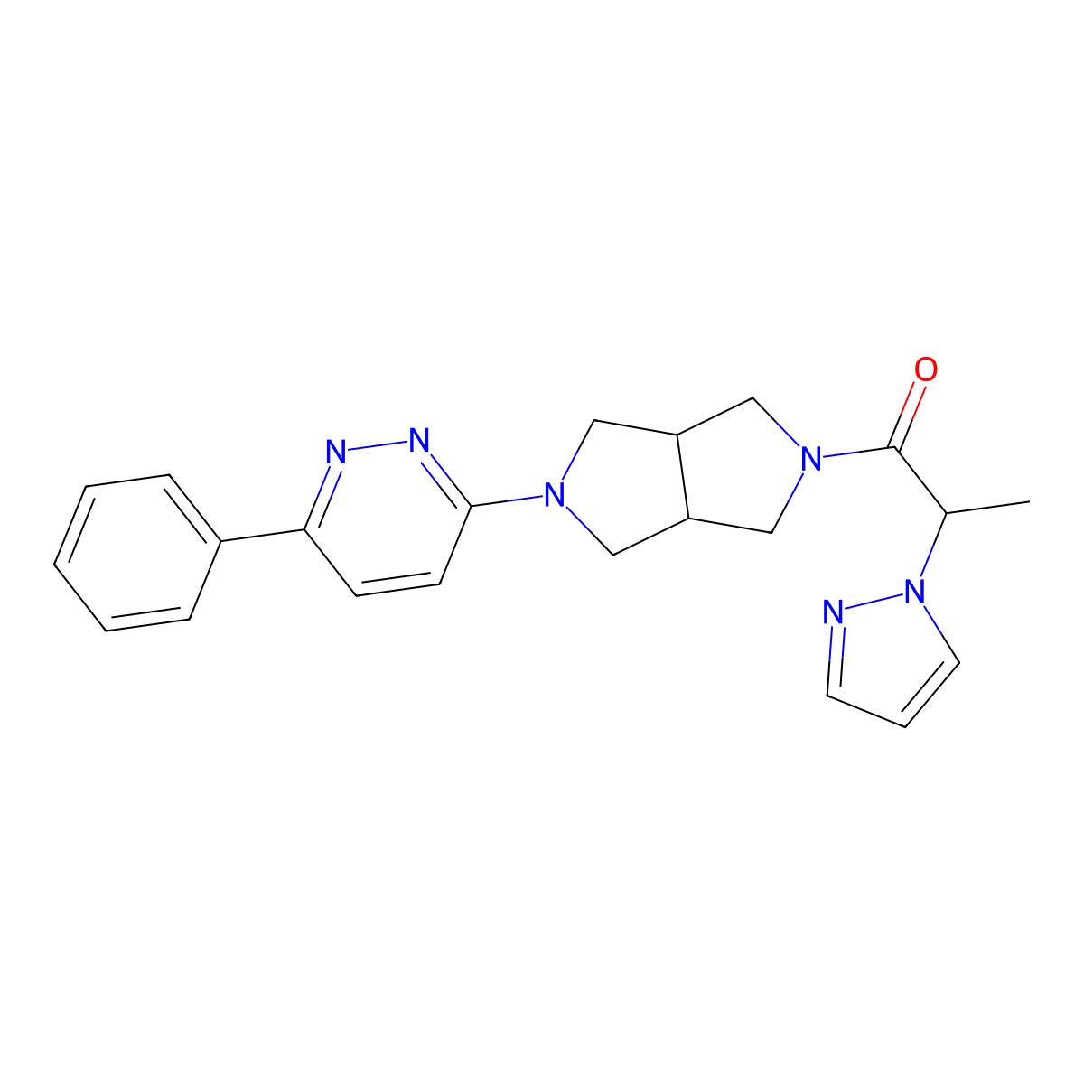 1-[5-(6-phenylpyridazin-3-yl)-octahydropyrrolo[3,4-c]pyrrol-2-yl]-2-(1H-pyrazol-1-yl)propan-1-one molecular structure, CAS 2415542-66-2
