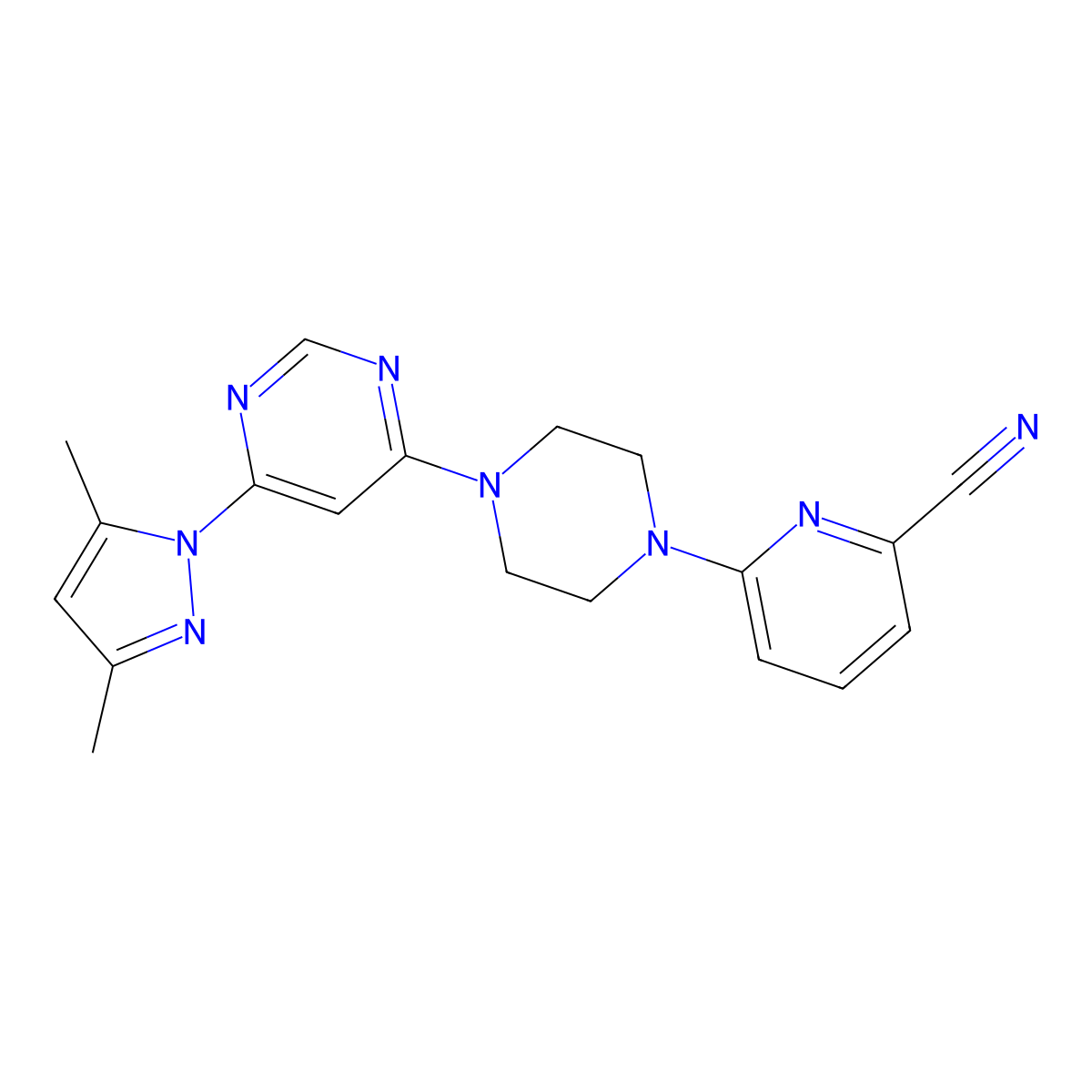 6-{4-[6-(3,5-dimethyl-1H-pyrazol-1-yl)pyrimidin-4-yl]piperazin-1-yl}pyridine-2-carbonitrile molecular structure, CAS 2415542-67-3