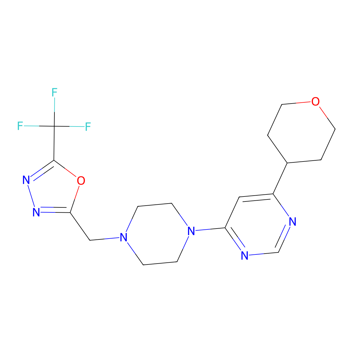 4-(Oxan-4-yl)-6-(4-{[5-(trifluoromethyl)-1,3,4-oxadiazol-2-yl]methyl}piperazin-1-yl)pyrimidine molecular structure, CAS 2415542-75-3