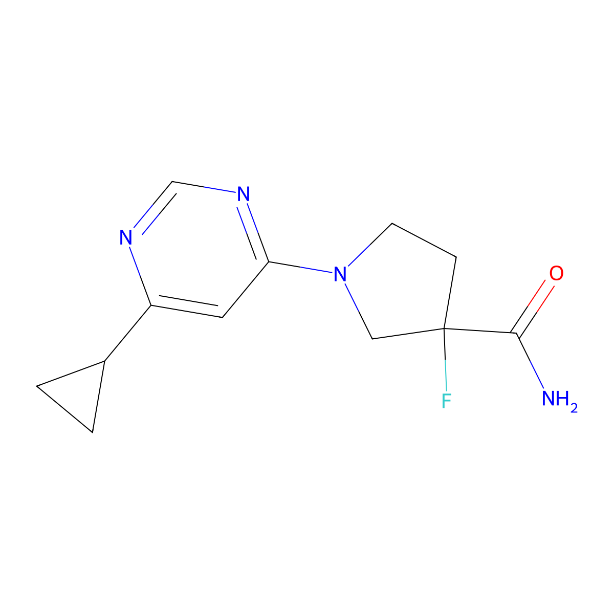 1-(6-Cyclopropylpyrimidin-4-yl)-3-fluoropyrrolidine-3-carboxamide molecular structure, CAS 2415542-78-6