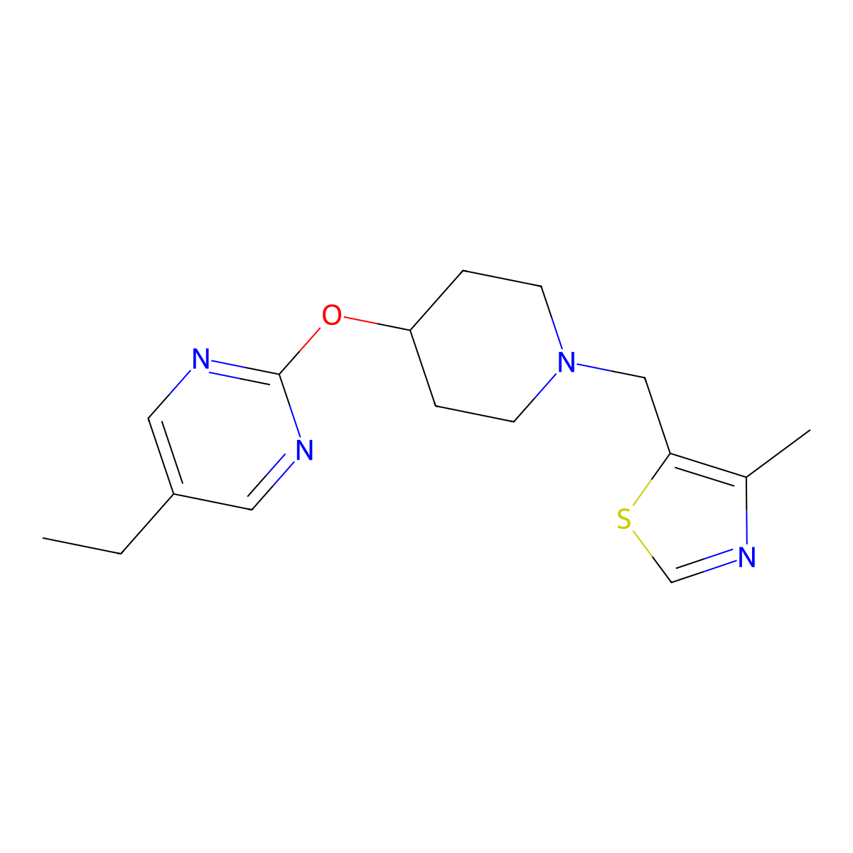 5-Ethyl-2-({1-[(4-methyl-1,3-thiazol-5-yl)methyl]piperidin-4-yl}oxy)pyrimidine molecular structure, CAS 2415542-88-8