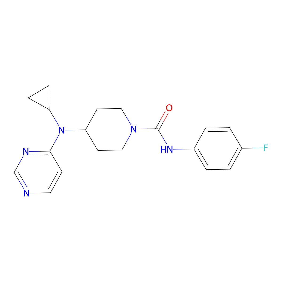 4-[Cyclopropyl(pyrimidin-4-yl)amino]-N-(4-fluorophenyl)piperidine-1-carboxamide molecular structure, CAS 2415542-92-4
