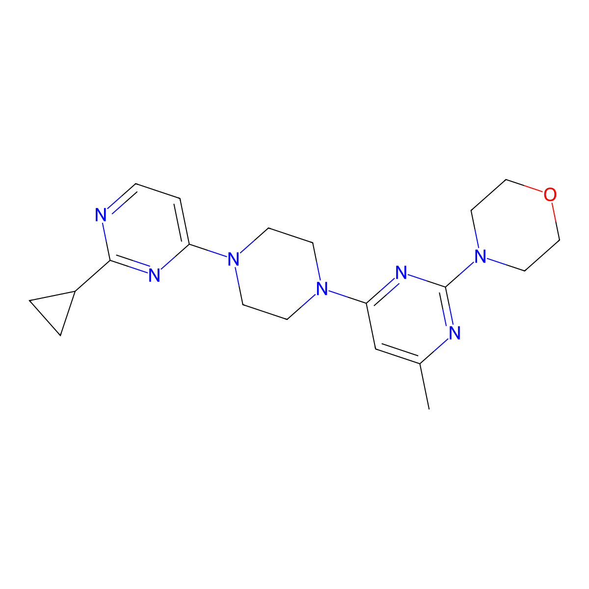 4-{4-[4-(2-Cyclopropylpyrimidin-4-yl)piperazin-1-yl]-6-methylpyrimidin-2-yl}morpholine molecular structure, CAS 2415542-97-9