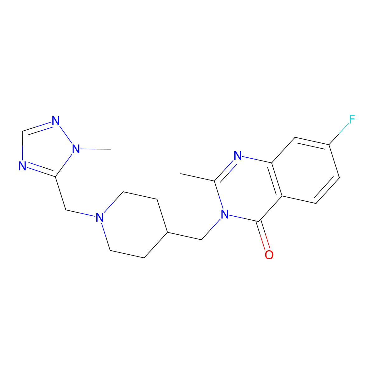 7-fluoro-2-methyl-3-({1-[(1-methyl-1H-1,2,4-triazol-5-yl)methyl]piperidin-4-yl}methyl)-3,4-dihydroquinazolin-4-one molecular structure, CAS 2415543-02-9