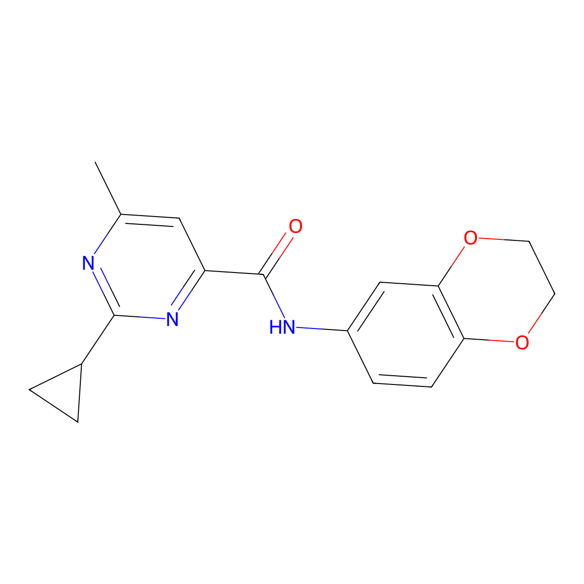 2-Cyclopropyl-N-(2,3-dihydro-1,4-benzodioxin-6-yl)-6-methylpyrimidine-4-carboxamide molecular structure, CAS 2415543-09-6