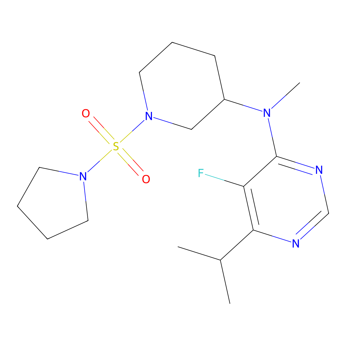 5-fluoro-N-methyl-6-(propan-2-yl)-N-[1-(pyrrolidine-1-sulfonyl)piperidin-3-yl]pyrimidin-4-amine molecular structure, CAS 2415543-12-1
