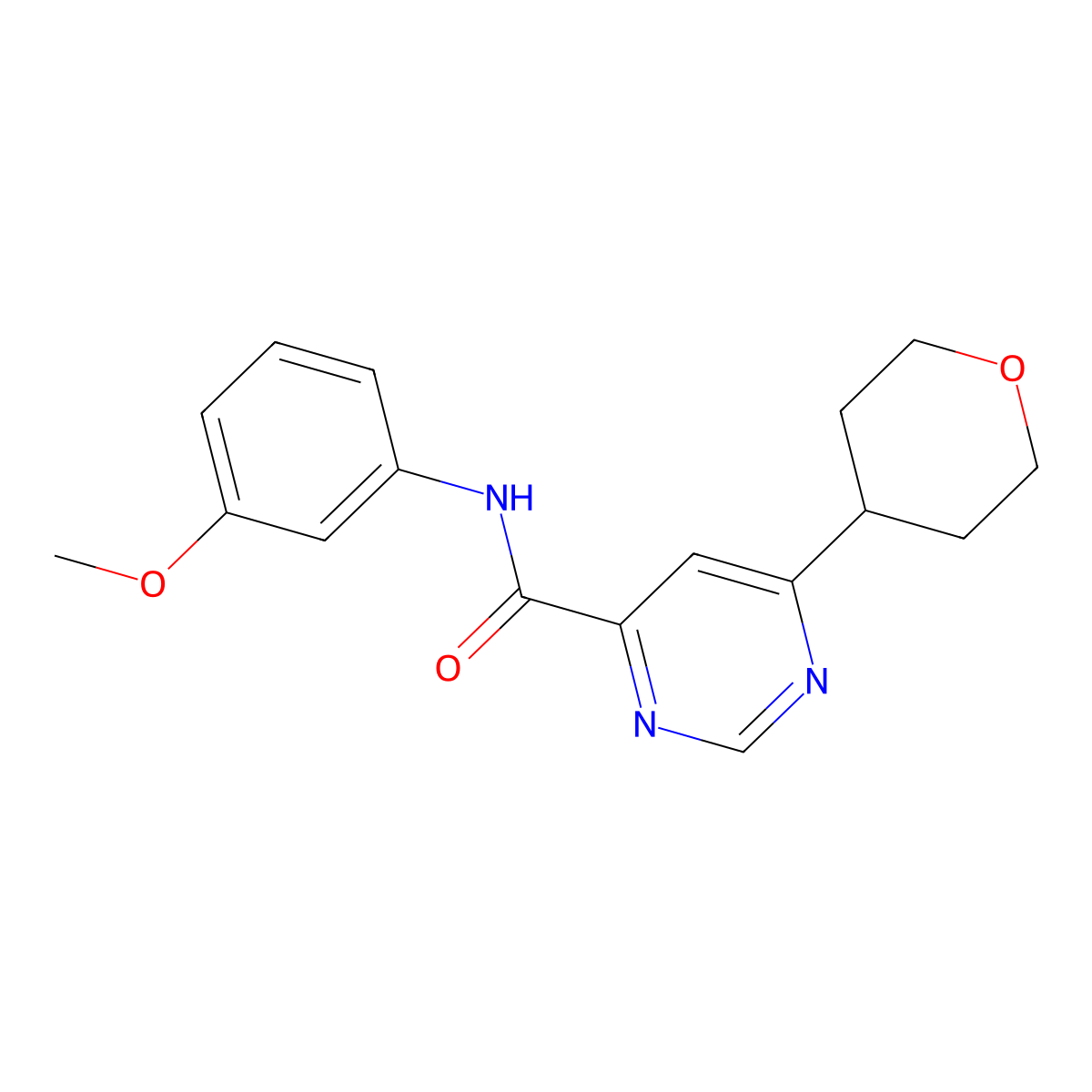 N-(3-Methoxyphenyl)-6-(oxan-4-yl)pyrimidine-4-carboxamide molecular structure, CAS 2415543-13-2