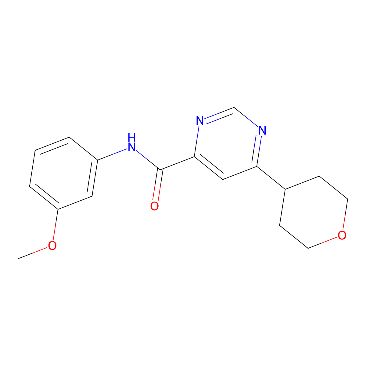 N-(3-Methoxyphenyl)-6-(oxan-4-yl)pyrimidine-4-carboxamide molecular structure, CAS 2415543-13-2