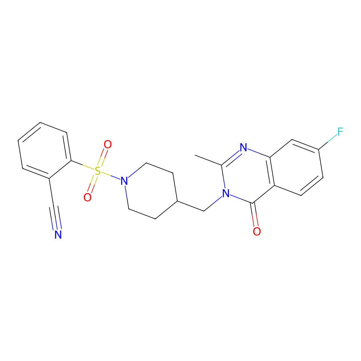 2-({4-[(7-Fluoro-2-methyl-4-oxo-3,4-dihydroquinazolin-3-yl)methyl]piperidin-1-yl}sulfonyl)benzonitrile molecular structure, CAS 2415543-16-5