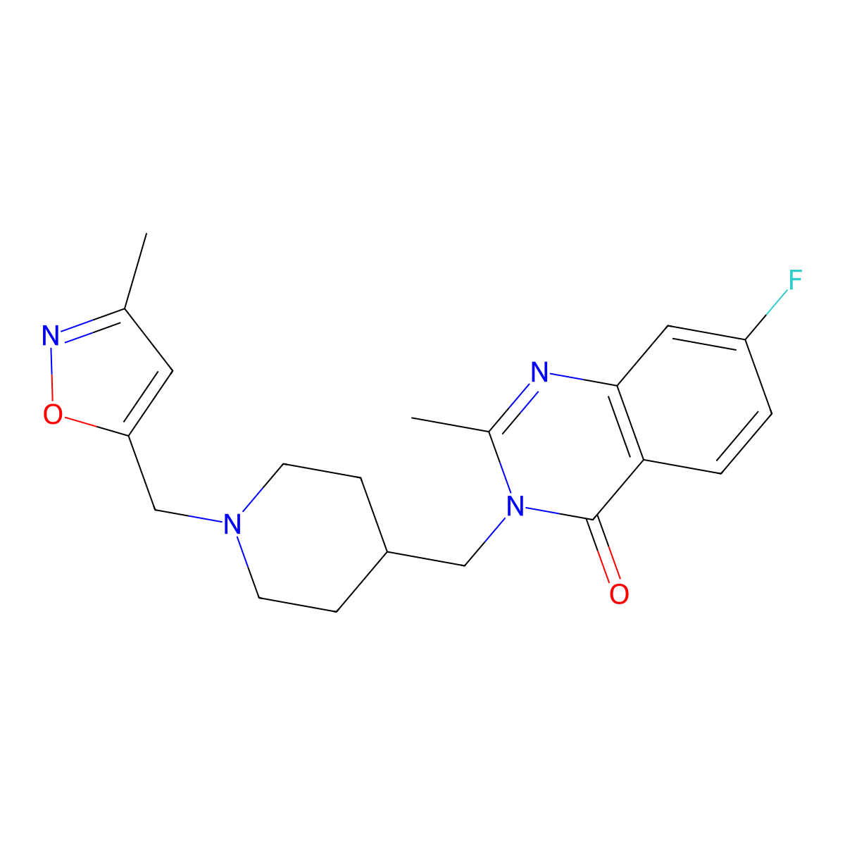 7-Fluoro-2-methyl-3-({1-[(3-methyl-1,2-oxazol-5-yl)methyl]piperidin-4-yl}methyl)-3,4-dihydroquinazolin-4-one molecular structure, CAS 2415543-19-8