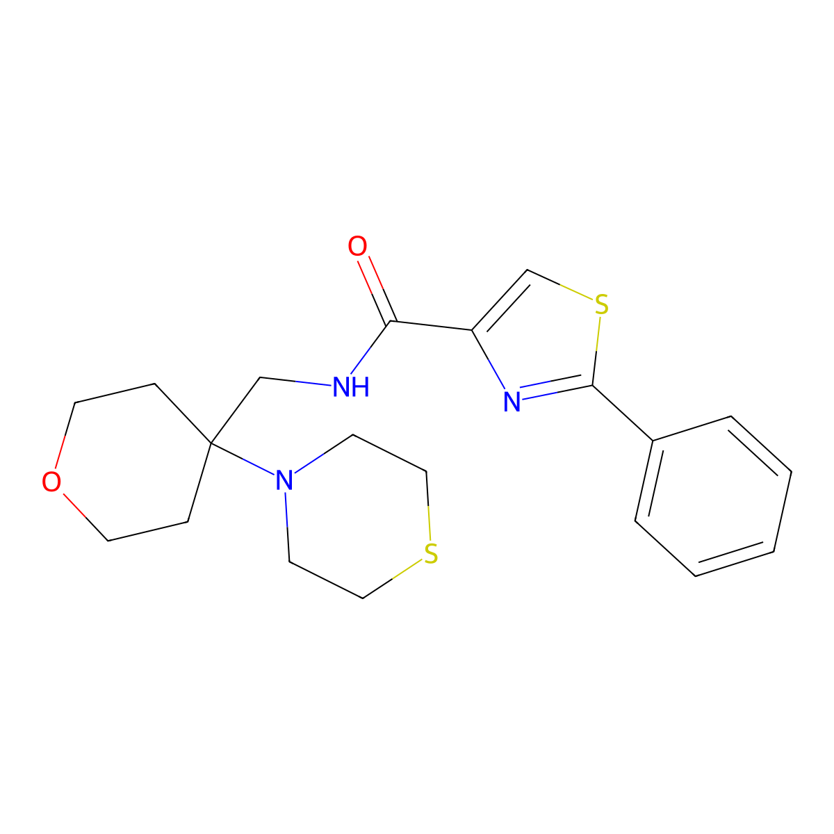 2-phenyl-N-{[4-(thiomorpholin-4-yl)oxan-4-yl]methyl}-1,3-thiazole-4-carboxamide molecular structure, CAS 2415543-21-2