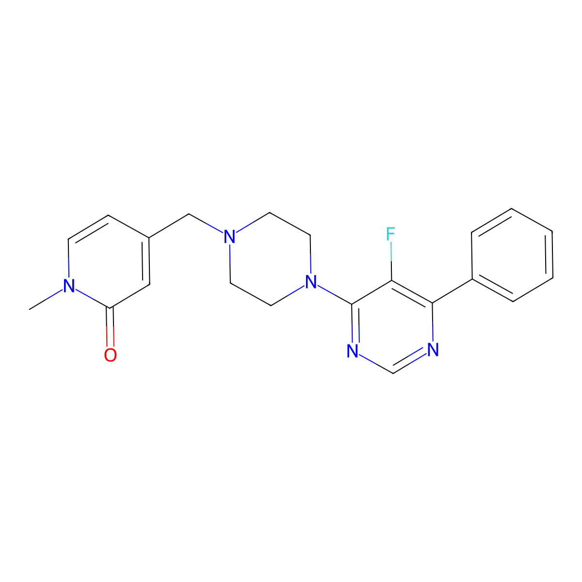 4-{[4-(5-Fluoro-6-phenylpyrimidin-4-yl)piperazin-1-yl]methyl}-1-methyl-1,2-dihydropyridin-2-one molecular structure, CAS 2415543-28-9