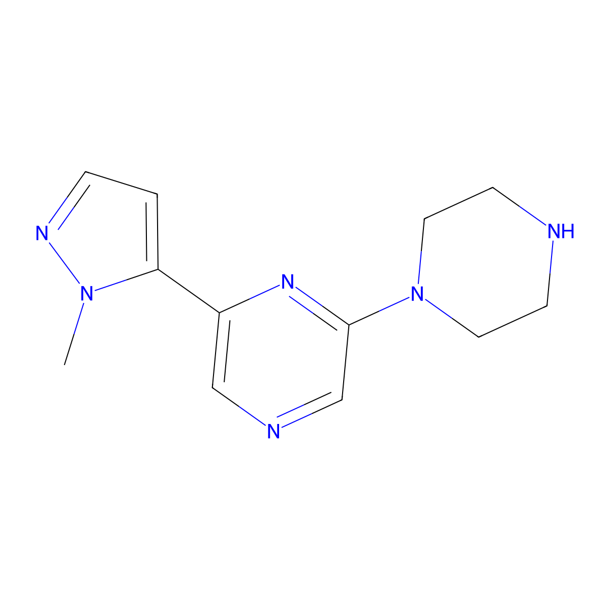 2-(1-methyl-1H-pyrazol-5-yl)-6-(piperazin-1-yl)pyrazine molecular structure, CAS 2415543-36-9