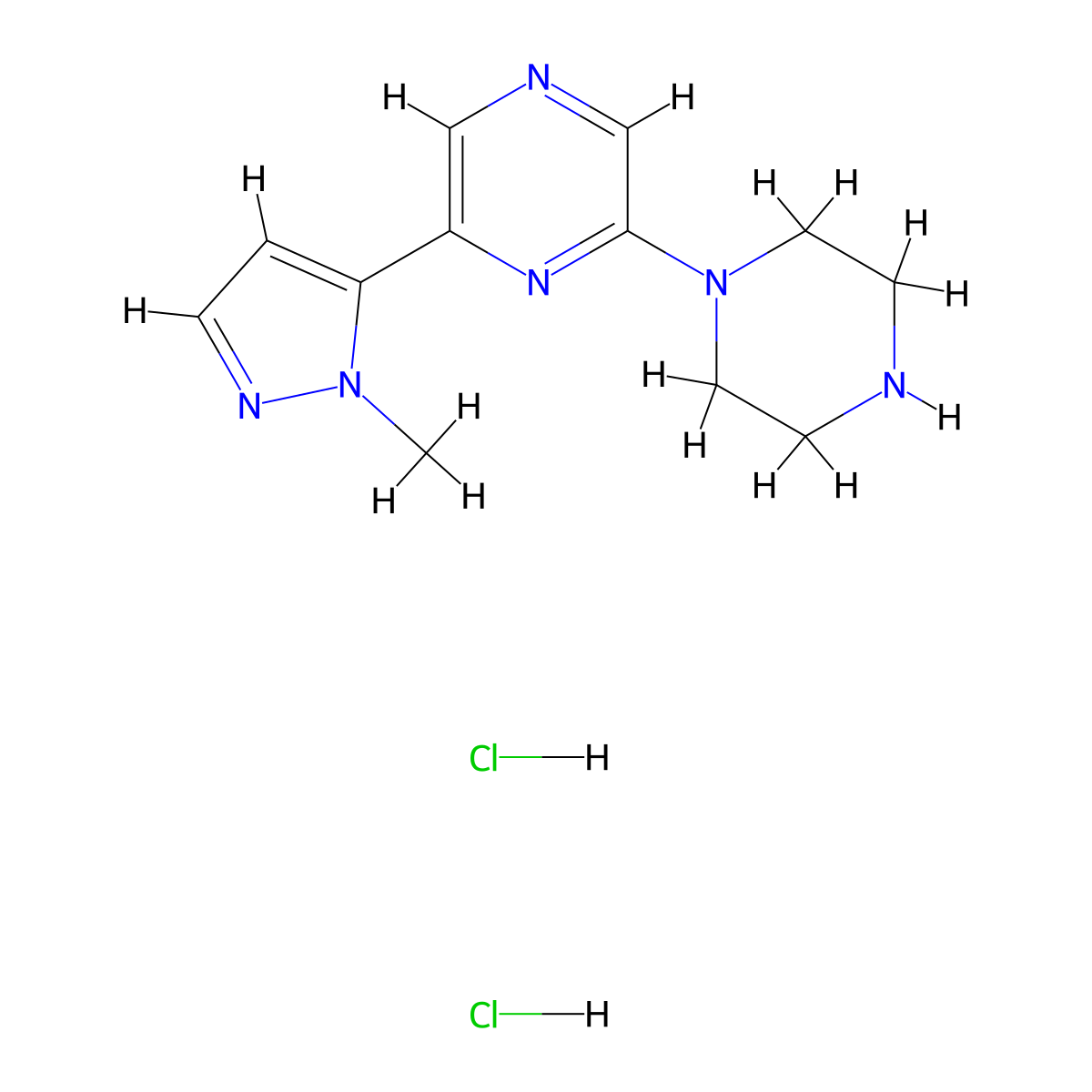 2-(1-methyl-1H-pyrazol-5-yl)-6-(piperazin-1-yl)pyrazine dihydrochloride molecular structure, CAS 2415543-37-0