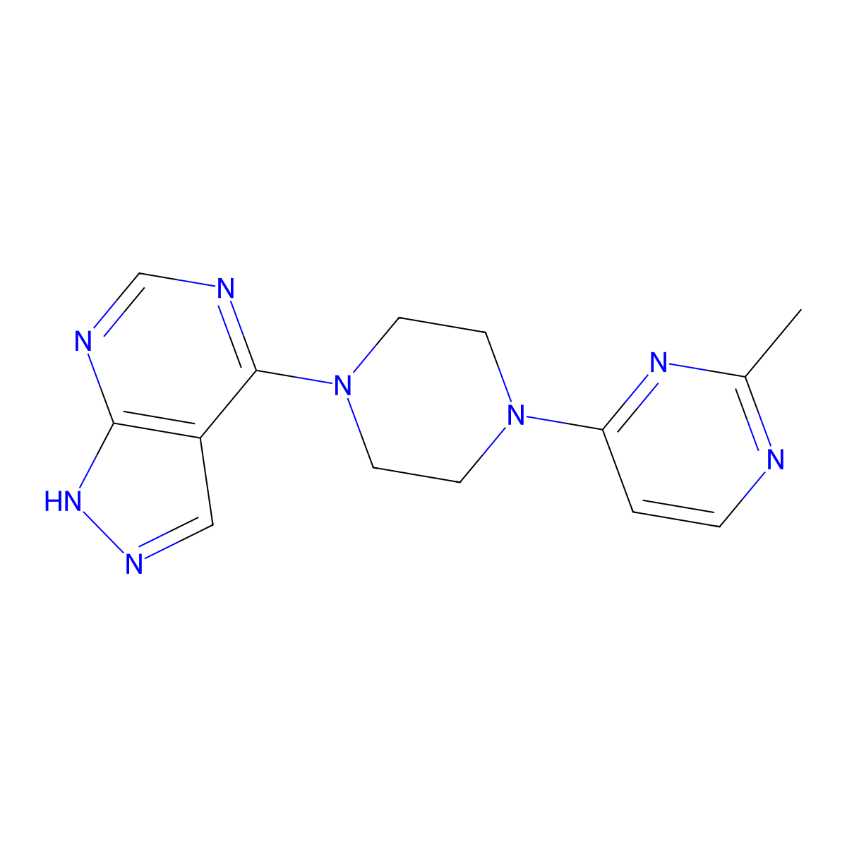 2-methyl-4-(4-{1H-pyrazolo[3,4-d]pyrimidin-4-yl}piperazin-1-yl)pyrimidine molecular structure, CAS 2415551-47-0