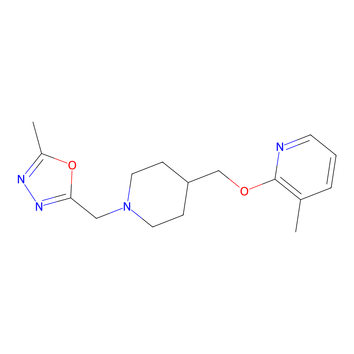 3-Methyl-2-({1-[(5-methyl-1,3,4-oxadiazol-2-yl)methyl]piperidin-4-yl}methoxy)pyridine molecular structure, CAS 2415551-50-5
