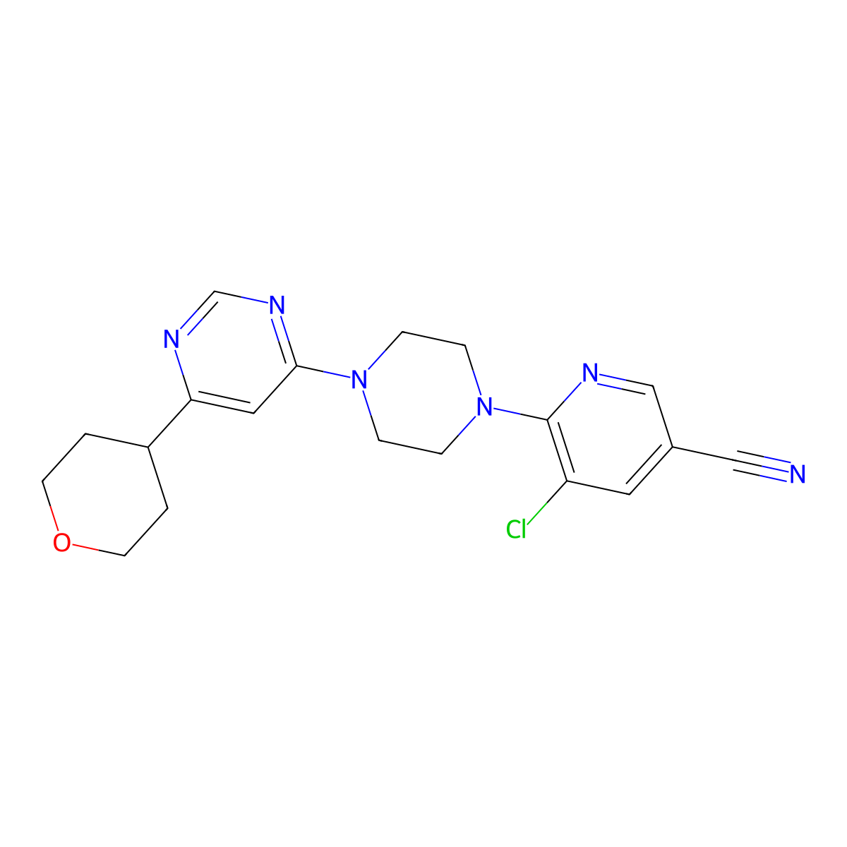 5-Chloro-6-{4-[6-(oxan-4-yl)pyrimidin-4-yl]piperazin-1-yl}pyridine-3-carbonitrile molecular structure, CAS 2415551-53-8