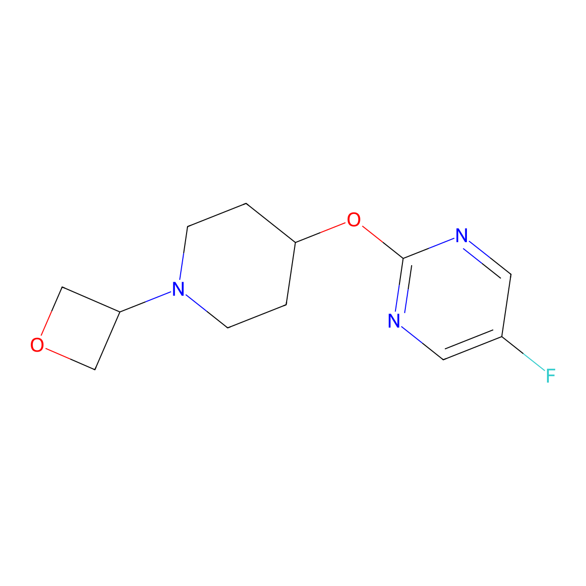 5-Fluoro-2-{[1-(oxetan-3-yl)piperidin-4-yl]oxy}pyrimidine molecular structure, CAS 2415551-60-7