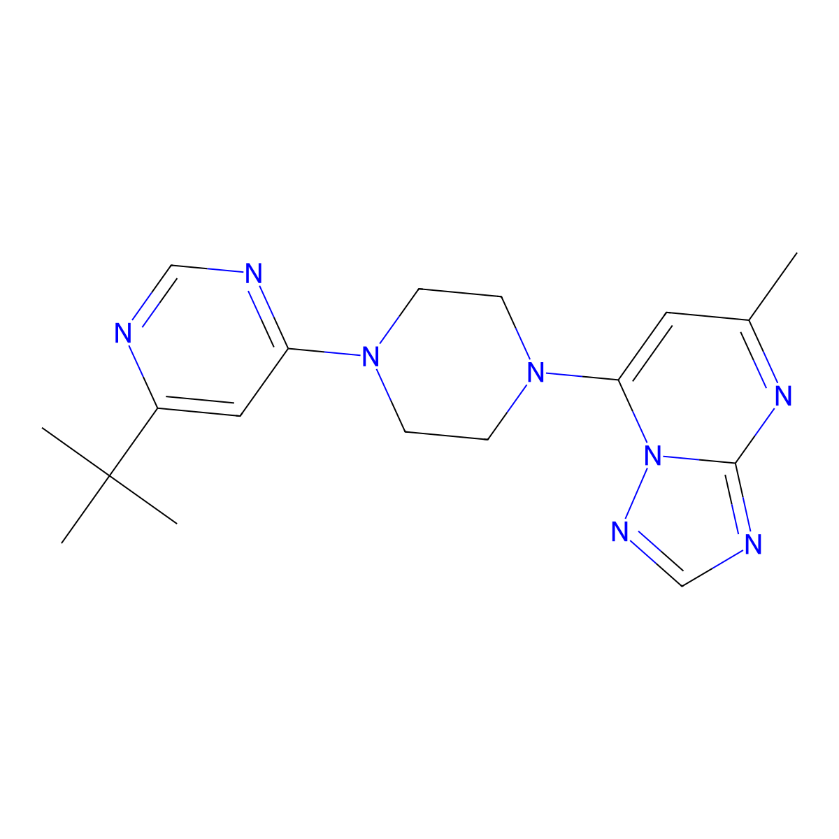 4-Tert-butyl-6-(4-{5-methyl-[1,2,4]triazolo[1,5-a]pyrimidin-7-yl}piperazin-1-yl)pyrimidine molecular structure, CAS 2415551-65-2