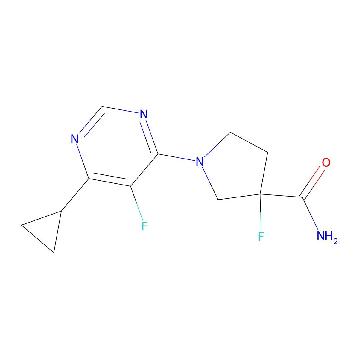 1-(6-Cyclopropyl-5-fluoropyrimidin-4-yl)-3-fluoropyrrolidine-3-carboxamide molecular structure, CAS 2415551-72-1