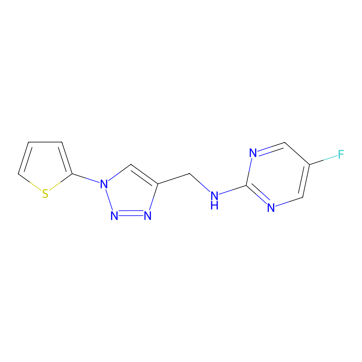 5-fluoro-N-{[1-(thiophen-2-yl)-1H-1,2,3-triazol-4-yl]methyl}pyrimidin-2-amine molecular structure, CAS 2415551-79-8