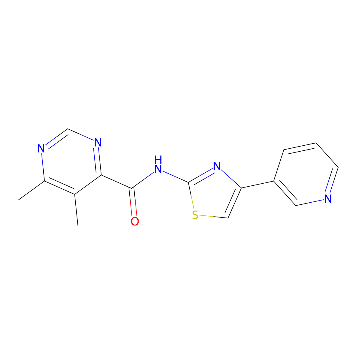 5,6-dimethyl-N-[4-(pyridin-3-yl)-1,3-thiazol-2-yl]pyrimidine-4-carboxamide molecular structure, CAS 2415551-84-5