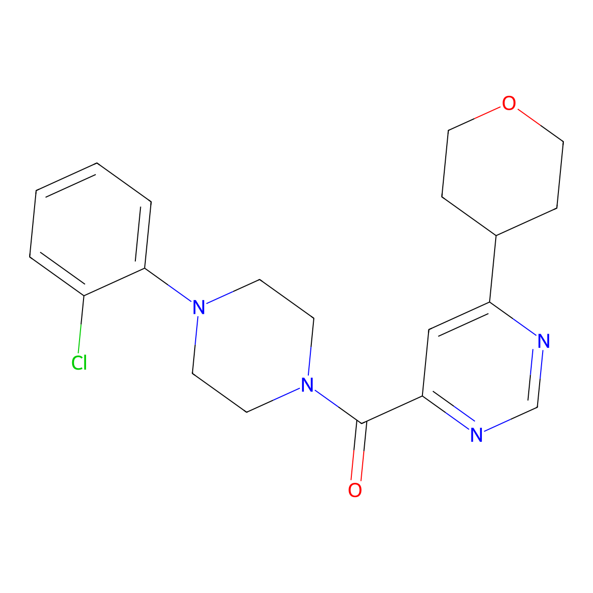4-[4-(2-Chlorophenyl)piperazine-1-carbonyl]-6-(oxan-4-yl)pyrimidine molecular structure, CAS 2415551-85-6