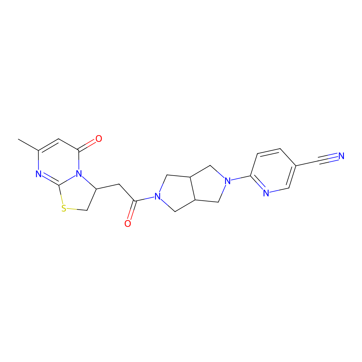 6-[5-(2-{7-methyl-5-oxo-2H,3H,5H-[1,3]thiazolo[3,2-a]pyrimidin-3-yl}acetyl)-octahydropyrrolo[3,4-c]pyrrol-2-yl]pyridine-3-carbonitrile molecular structure, CAS 2415551-92-5
