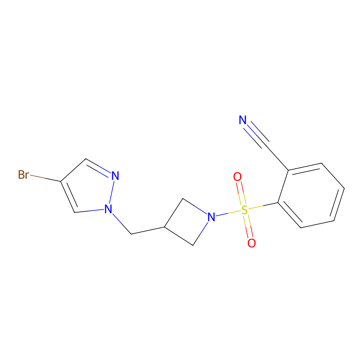 2-[3-[(4-Bromopyrazol-1-yl)methyl]azetidin-1-yl]sulfonylbenzonitrile molecular structure, CAS 2415551-97-0