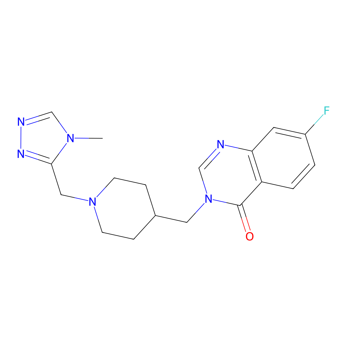 7-fluoro-3-({1-[(4-methyl-4H-1,2,4-triazol-3-yl)methyl]piperidin-4-yl}methyl)-3,4-dihydroquinazolin-4-one molecular structure, CAS 2415552-02-0
