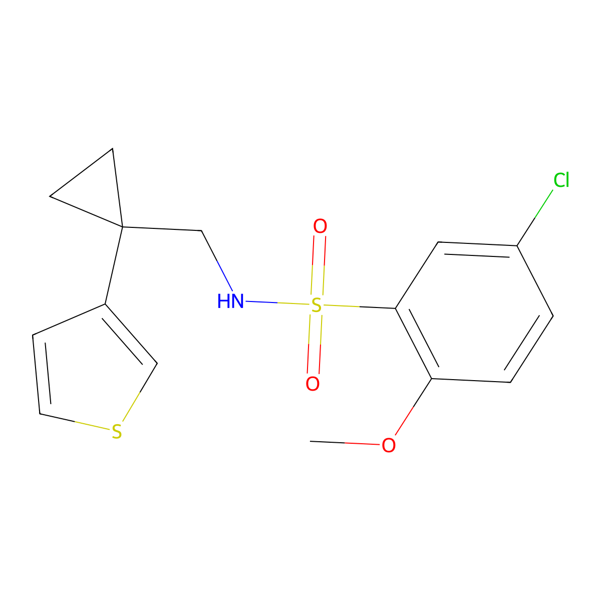 5-chloro-2-methoxy-N-{[1-(thiophen-3-yl)cyclopropyl]methyl}benzene-1-sulfonamide molecular structure, CAS 2415552-05-3