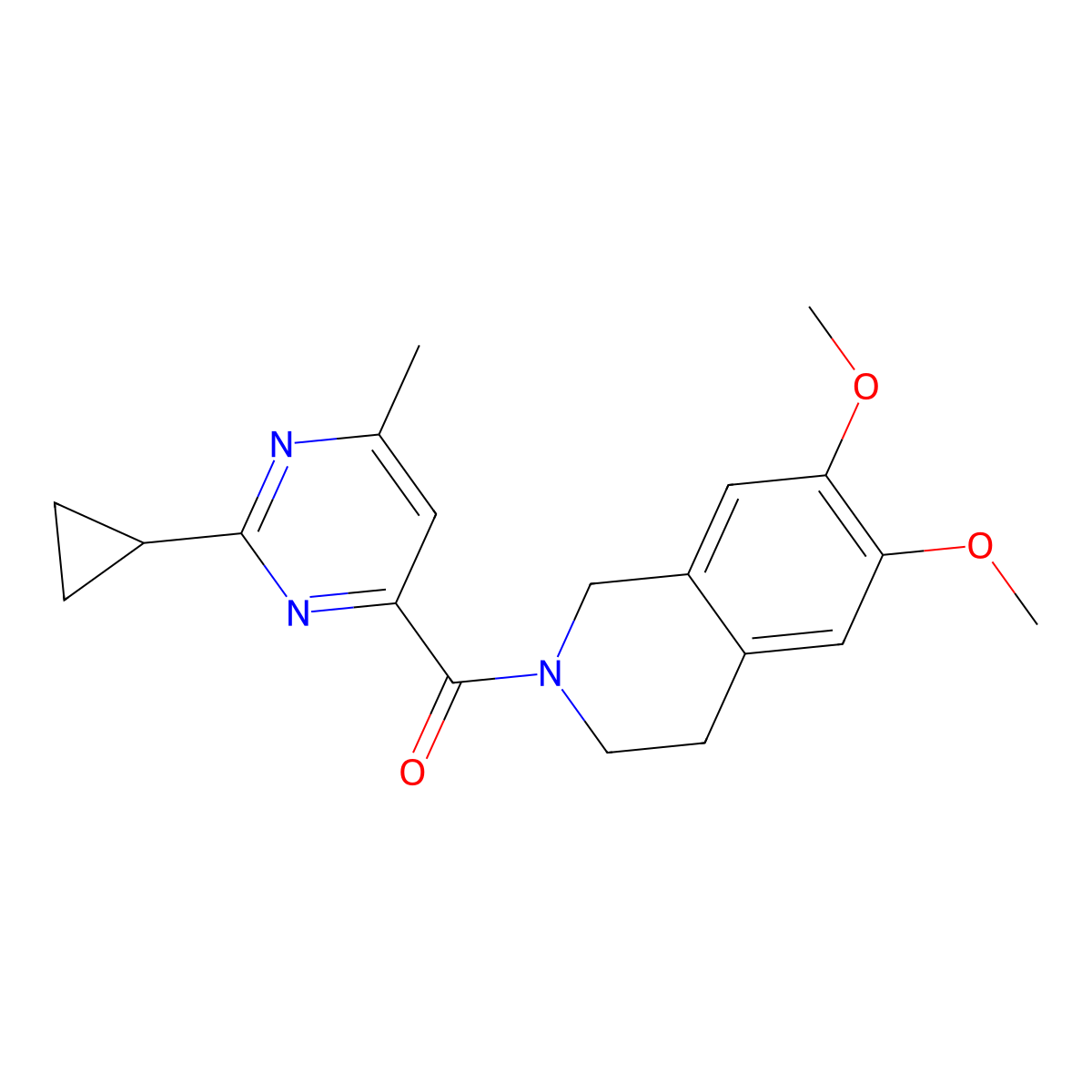 2-(2-Cyclopropyl-6-methylpyrimidine-4-carbonyl)-6,7-dimethoxy-1,2,3,4-tetrahydroisoquinoline molecular structure, CAS 2415552-07-5