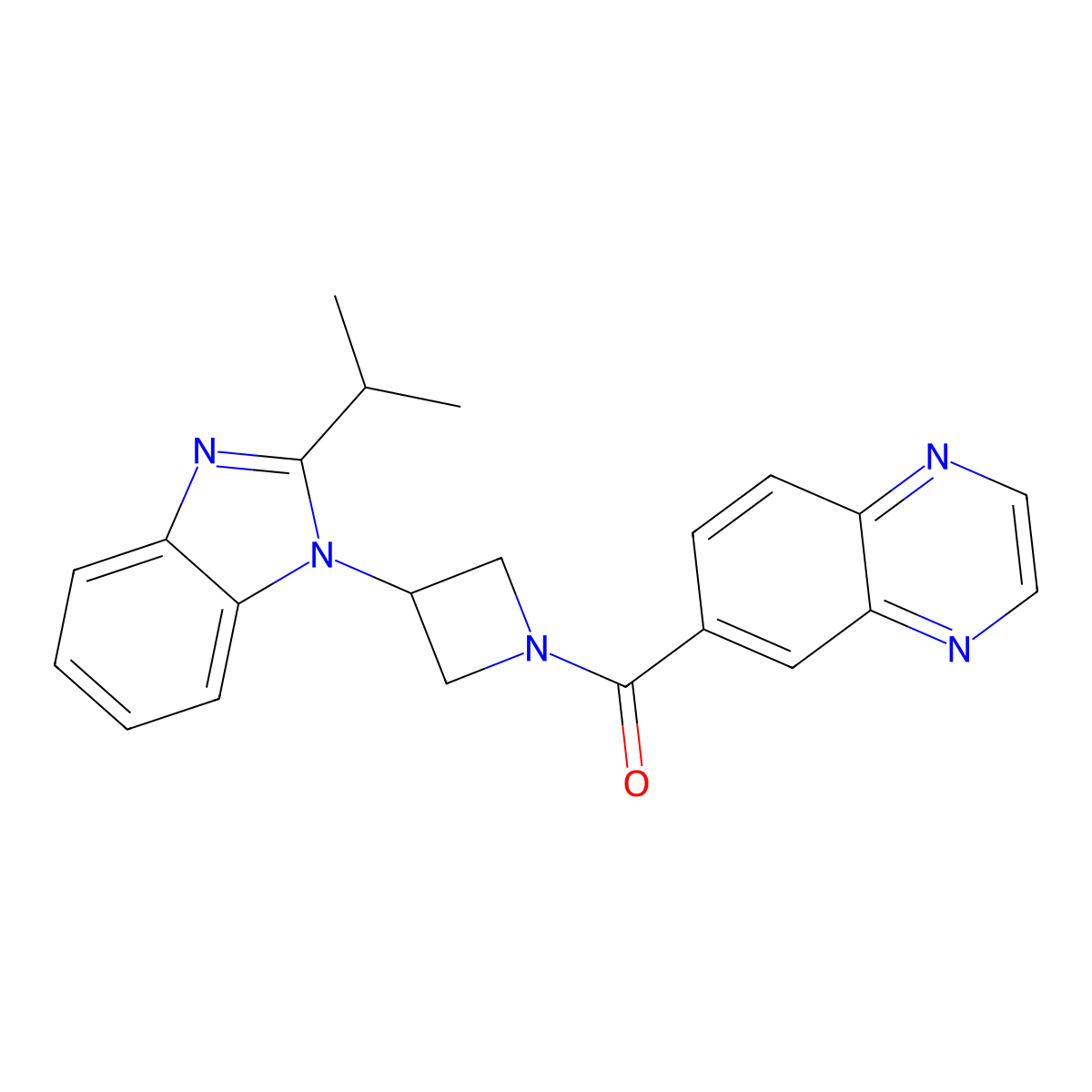6-{3-[2-(propan-2-yl)-1H-1,3-benzodiazol-1-yl]azetidine-1-carbonyl}quinoxaline molecular structure, CAS 2415552-08-6