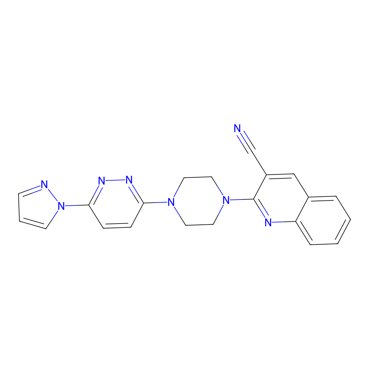 2-[4-(6-Pyrazol-1-ylpyridazin-3-yl)piperazin-1-yl]quinoline-3-carbonitrile molecular structure, CAS 2415552-31-5