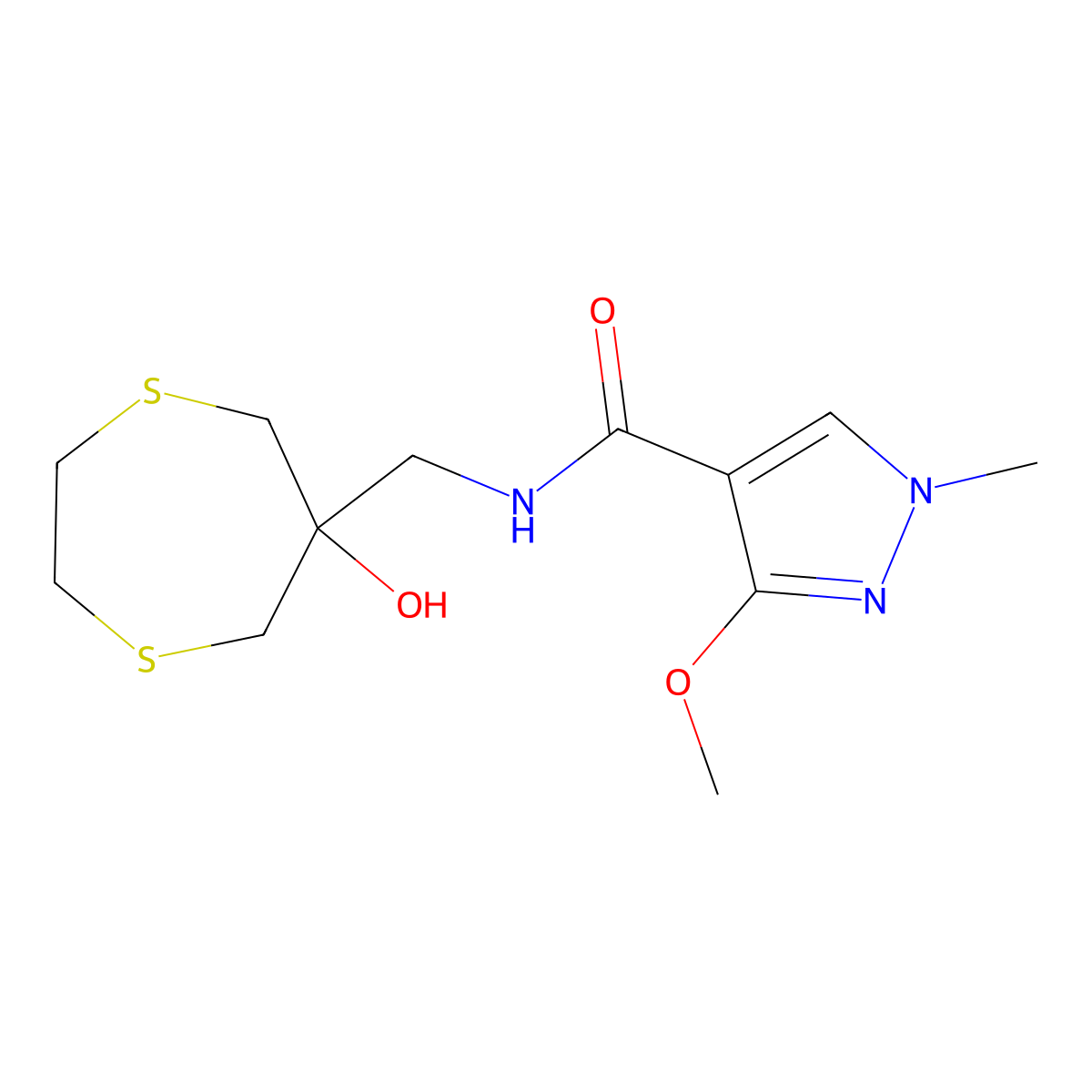 N-[(6-hydroxy-1,4-dithiepan-6-yl)methyl]-3-methoxy-1-methyl-1H-pyrazole-4-carboxamide molecular structure, CAS 2415552-35-9
