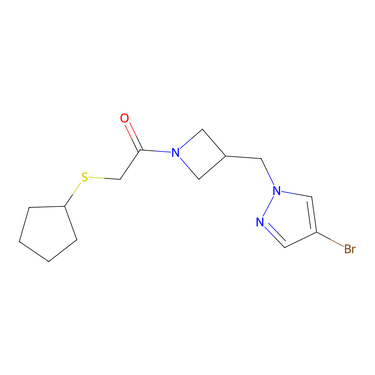 1-{3-[(4-bromo-1H-pyrazol-1-yl)methyl]azetidin-1-yl}-2-(cyclopentylsulfanyl)ethan-1-one molecular structure, CAS 2415552-44-0