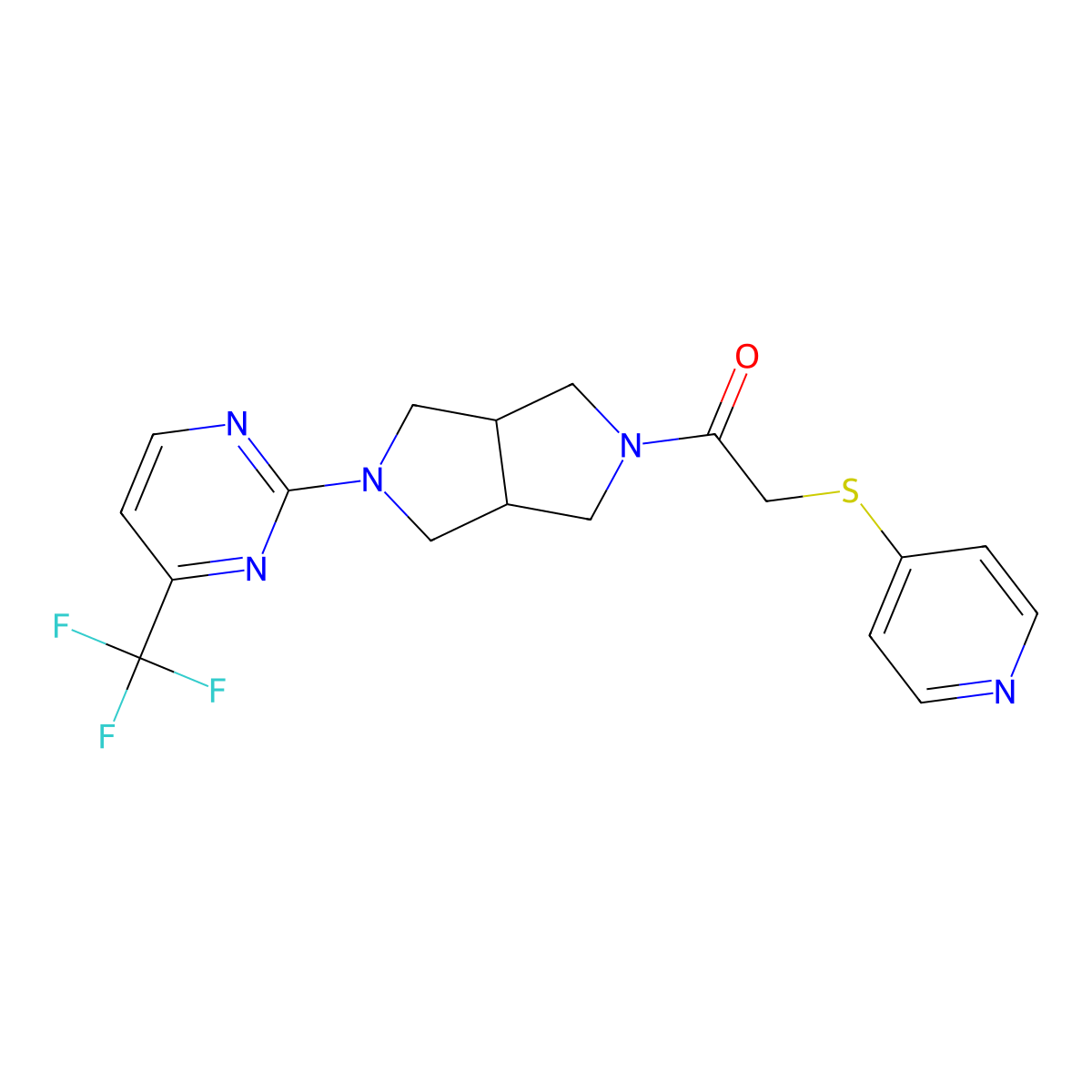 2-(Pyridin-4-ylsulfanyl)-1-{5-[4-(trifluoromethyl)pyrimidin-2-yl]-octahydropyrrolo[3,4-c]pyrrol-2-yl}ethan-1-one molecular structure, CAS 2415552-69-9