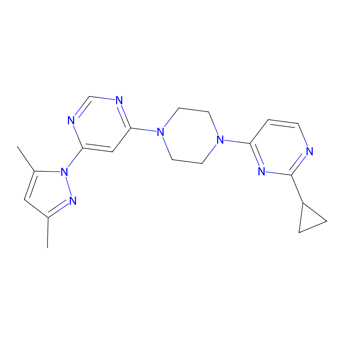 4-[4-(2-cyclopropylpyrimidin-4-yl)piperazin-1-yl]-6-(3,5-dimethyl-1H-pyrazol-1-yl)pyrimidine molecular structure, CAS 2415552-71-3