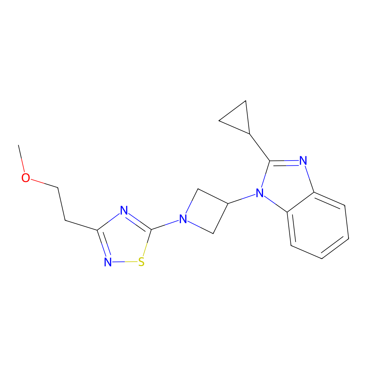 2-cyclopropyl-1-{1-[3-(2-methoxyethyl)-1,2,4-thiadiazol-5-yl]azetidin-3-yl}-1H-1,3-benzodiazole molecular structure, CAS 2415552-74-6
